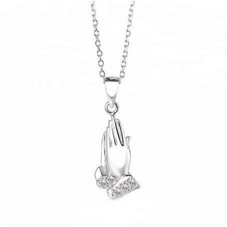 Embellished Sterling Silver Praying Hands Pendant NecklaceP18047