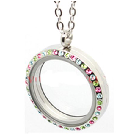 Floating Locket Necklace with Colour Stones - Stainless Steel chain (50cm) FL18