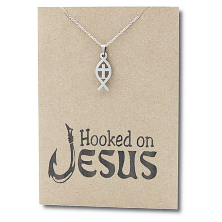 Stainless Steel Necklace On Message Card Christian Fish Hooked On JesusNECKLACE422