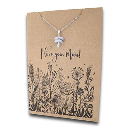 Stainless Steel Necklace On Message Card-Leaf I Love You Mom