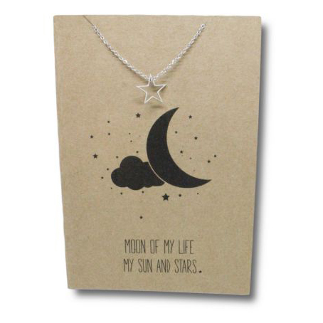 Stainless Steel Necklace On Message Card-Open Star Moon