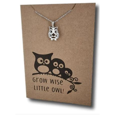 Stainless Steel Necklace On Message Card-Owl Grow Wise