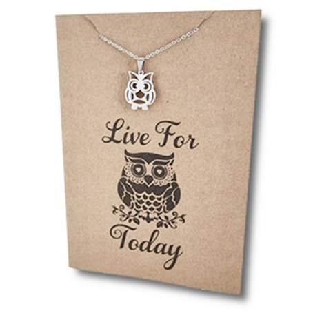 Stainless Steel Necklace On Message Card-Owl Live