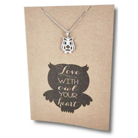 Stainless Steel Necklace On Message Card-Owl Love