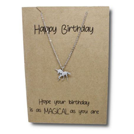 Stainless Steel Necklace On Message Card Unicorn Happy BirthdayNECKLACE068